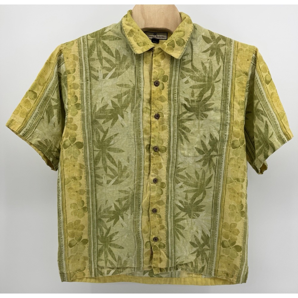 Tommy Bahama Hawaiian Shirt Men's Size L 100% Linen Yellow Floral Tropical Aloha